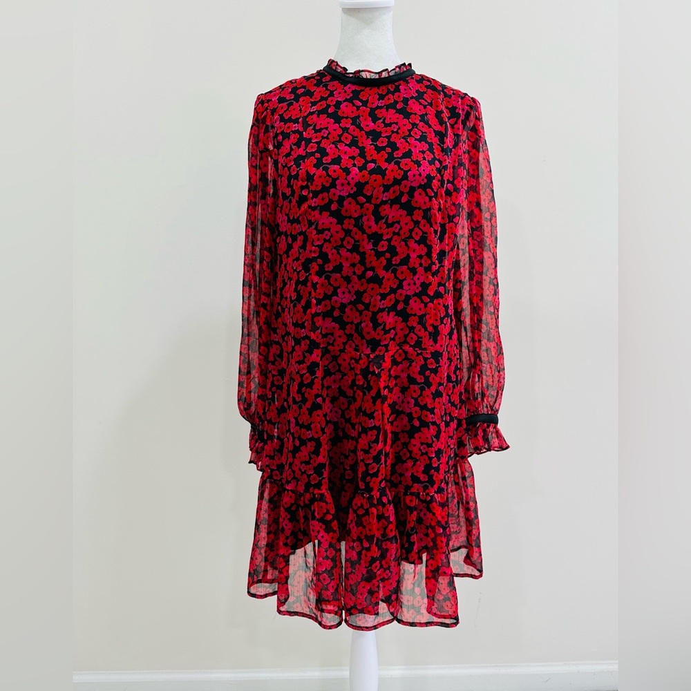 Traffic People Red/ Black floral print bell sleeve dress sz M
